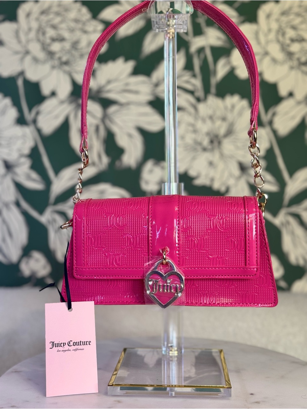 Juicy Couture Hot Pink Embossed Patent Shoulder Bag with Heart Charm